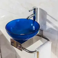 อ่างล้างหน้าติดผนังทรงกลมขนาด 31 ซม. พร้อมชั้นวางอ่างล้างหน้ากระจกนิรภัยอ่างล้างหน้าห้องน้ำอ่างล้างหน้าติดผนังขนาดเล็กพร้อมก๊อกน้ำ 4