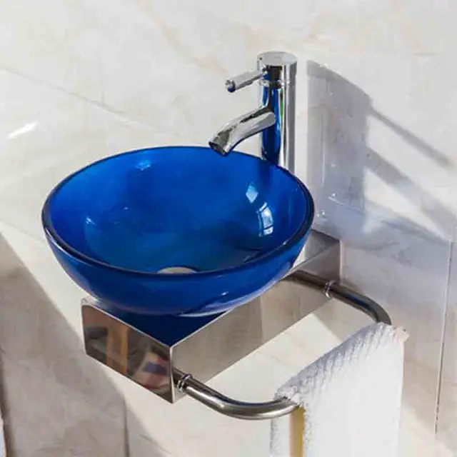 อ่างล้างหน้าติดผนังทรงกลมขนาด 31 ซม. พร้อมชั้นวางอ่างล้างหน้ากระจกนิรภัยอ่างล้างหน้าห้องน้ำอ่างล้างหน้าติดผนังขนาดเล็กพร้อมก๊อกน้ำ 4