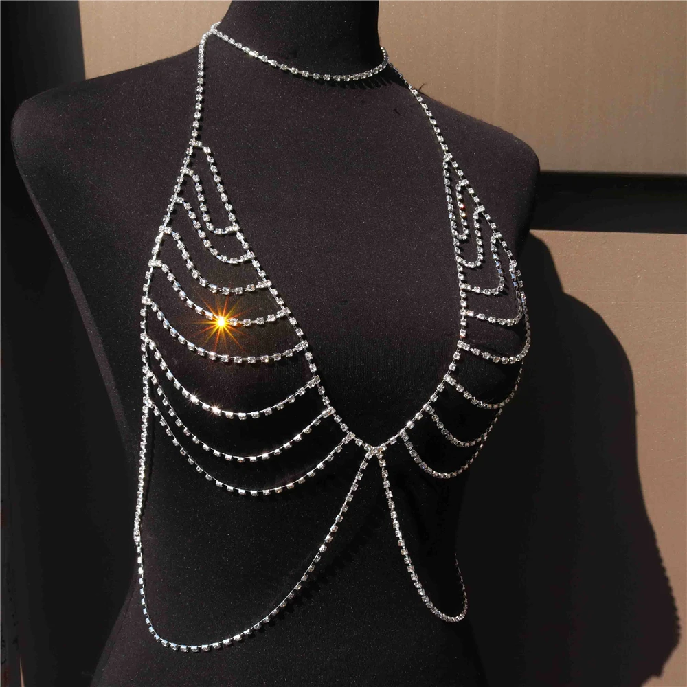 Luxury Rhinestone Bra Chain Lingerie Accessories for Women Sexy Bling  Bikini Multilayer Tassel Body Chain Harness Chest Jewelry