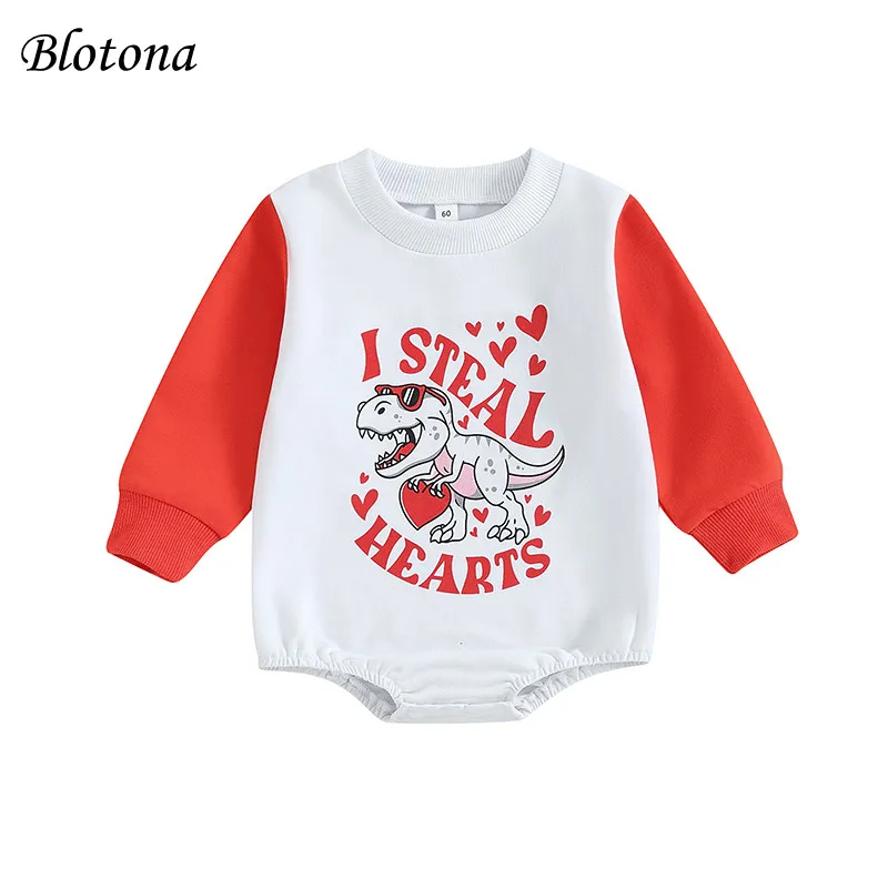 

Blotona Baby Girls Valentine's Day Romper Long Sleeve Crew Neck Heart Letter Dinosaur Print Sweatshirt Romper 0-18Months