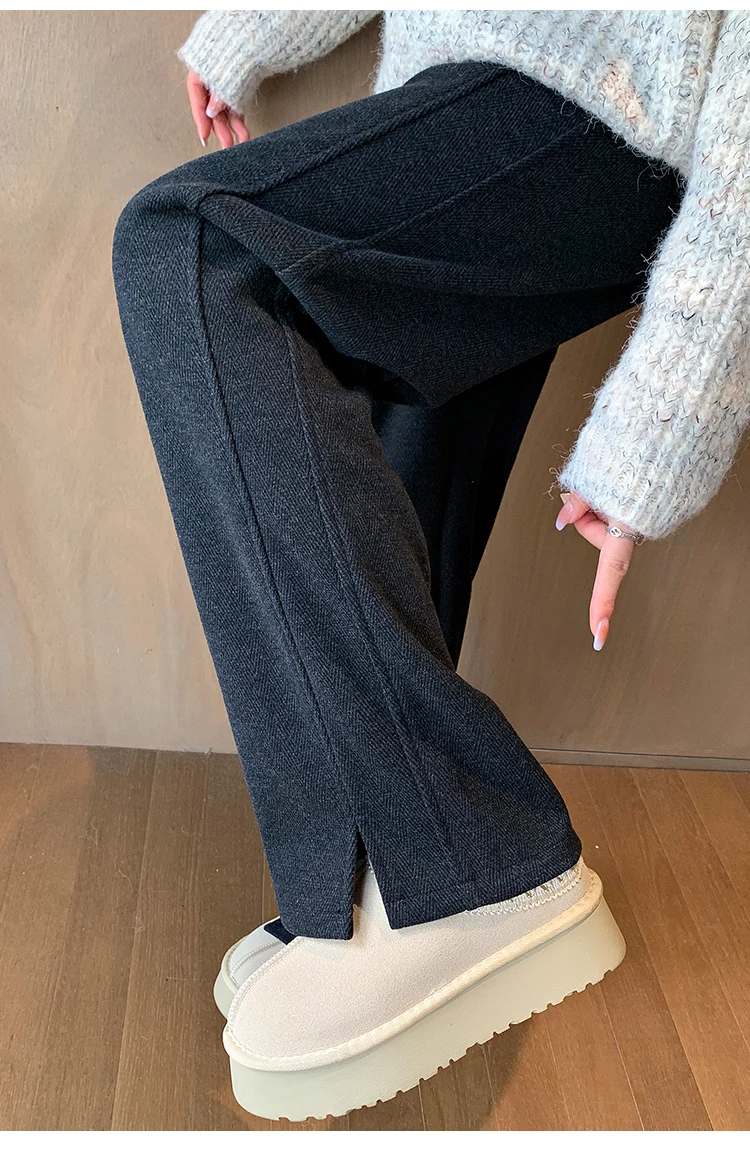 High Street Casual Gerade Lose Chic Split Frauen Hosen Herbst Winter Klassische Feste Farbe Mode Einfache Weibliche Breite Bein Hosen – Detail 20