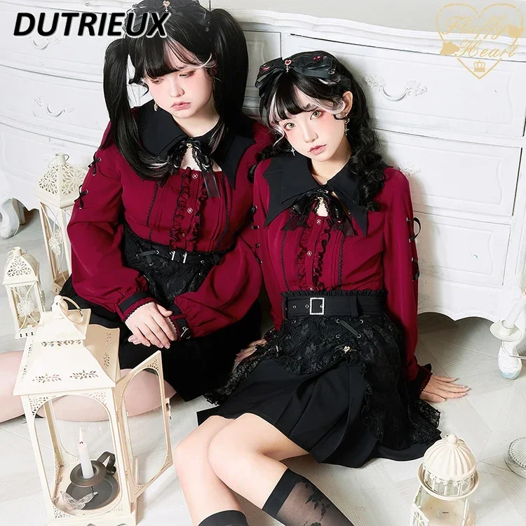 Japanese Style Lace Hollow Out Bat Collar Long Sleeve Shirt Women Tops Fashion Lolita Ruffles Stitching Blouse Autumn New Blusas elegant girls shoes women fashion low heel bow buckle strap platform lace ruffles cosplay lolita mary janes school shoes 32 43