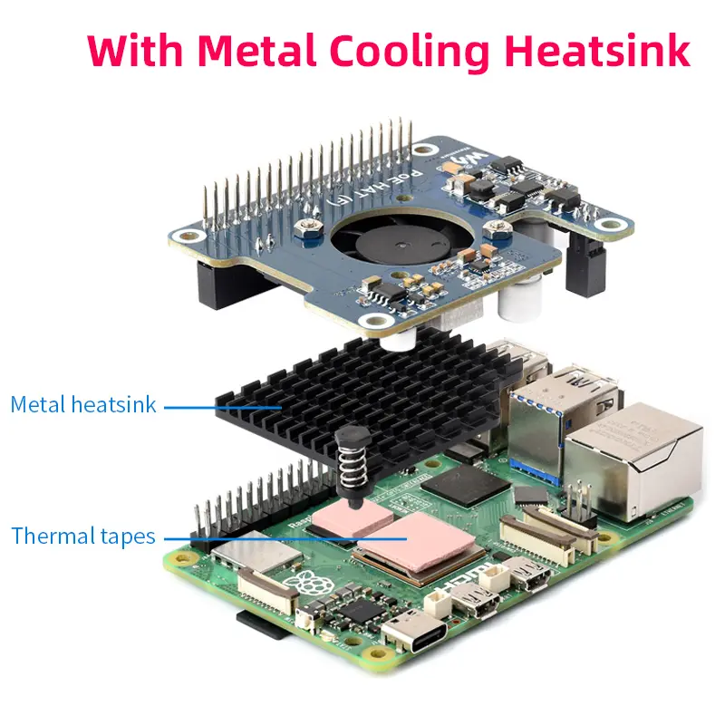 Raspberry Pi 5 PoE HAT (F) 802.3af/at High Power Over Ethernet Onboard Cooling Fan with Metal Heatsink for RPi 5 Pi5 image 6