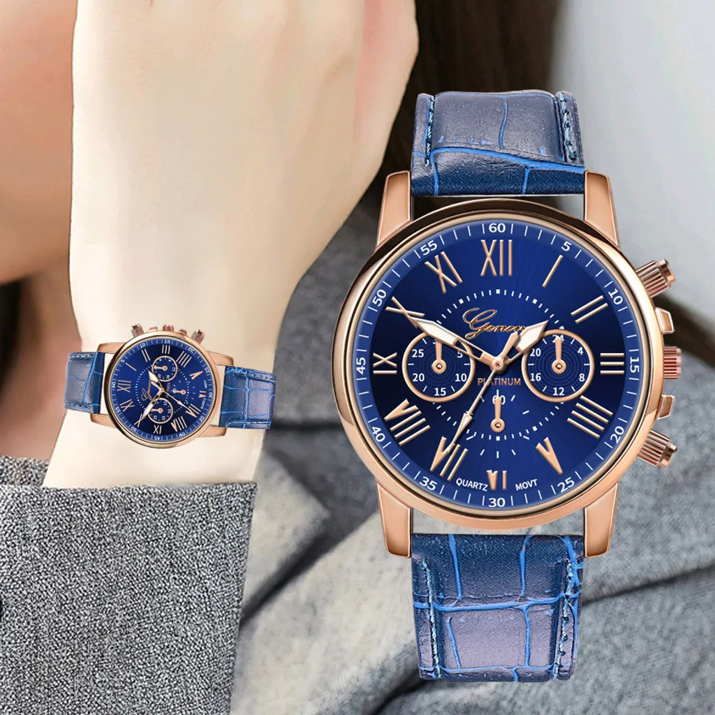 Women Watch Blue Leather Strap Quartz Wristwatches Reloj Minimalist Wrist Watch Analog Clock