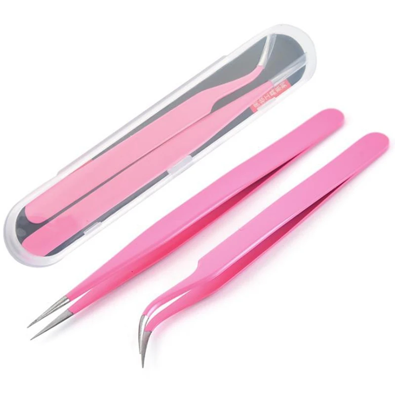 

Lash Tweezers, Pack of 2 Stainless Steel Tweezers for Eyelash Extensions Straight and Curved Tip False Lash Tools Pink