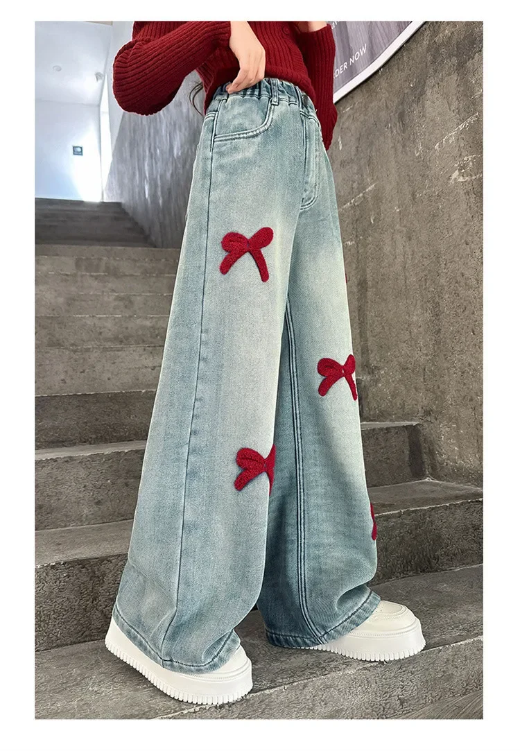الفتيات فضفاضة واسعة الساق الجينز السراويل الناعمة الأطفال Bowknot التطريز مستقيم الدنيم السراويل ربيع الخريف الملابس 5-12 سنة