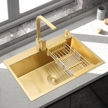 

Stainless Steel Kitchen Sink Basket Pipe Undermount Gold Dish Drainer Washing Sink Double Bowl Cocina Accesorio Home Improvement