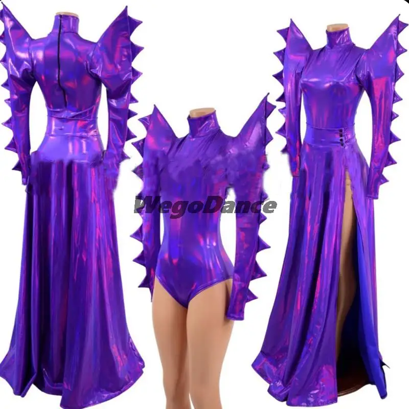 

Drag Queen Costume Sexy Purple Laser Exaggerated Shoulder Bodysuit Dress Nightclub Ds Dj Gogo Wear Pole Dance Outfit