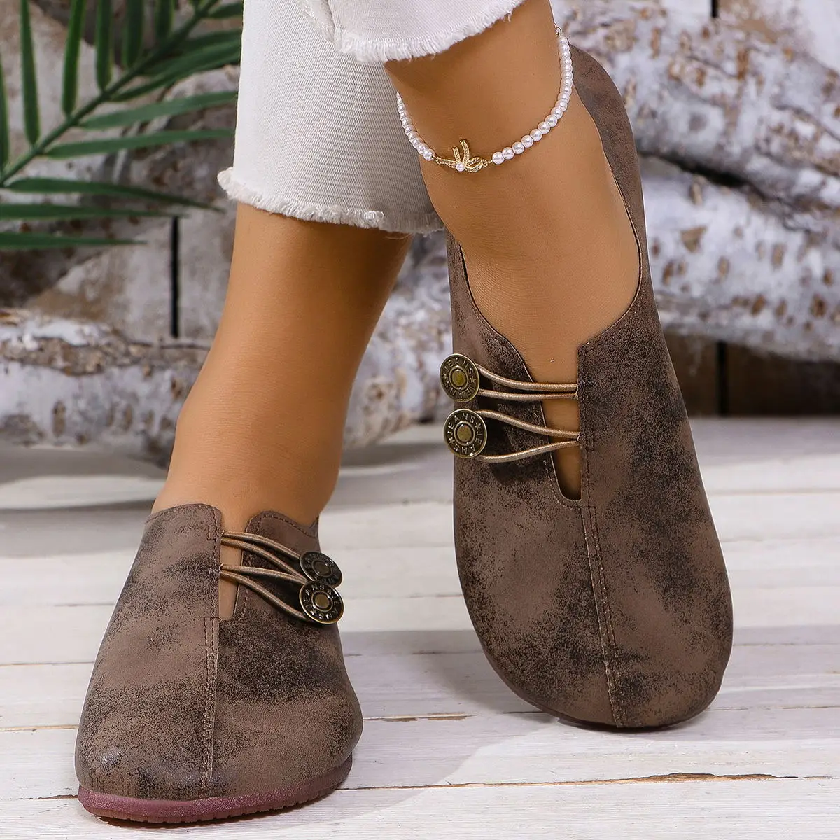 Neue Damen-Komfortschuhe, Retro-Stil Loafer mit Metallelementen, Weiche Distressed Casual Slip-On Schuhe