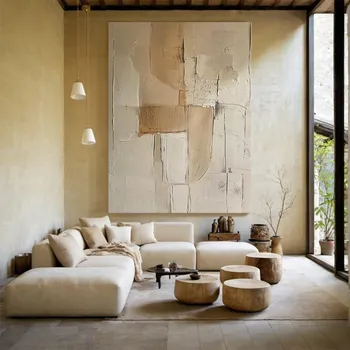 Grande Dipinto a Olio Astratto 3D su Tela Beige, Arte Murale Semplice Marrone, Decorazione Geometrica Testurizzata per Soggiorno