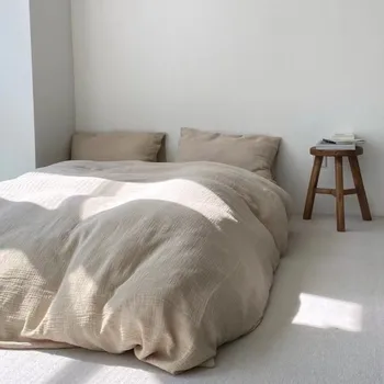 Ins wind 무지 컬러 침대 제품, 4 피스 워시 코튼 네이키드 수면 단색 이불 세트 시트, 3 피스 침구, 신제품 상품 이미지