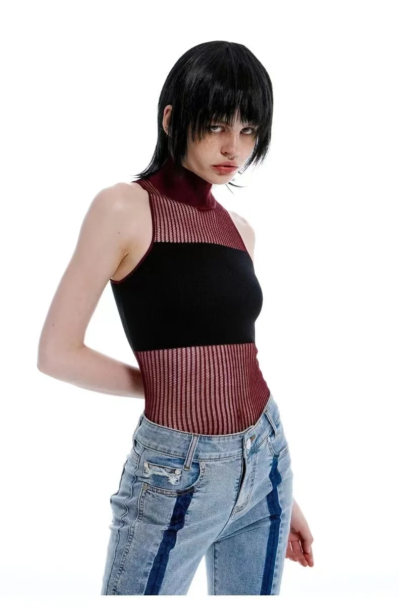 

Fashion Turtleneck Tees Contrast Tank Tops Sleeveless 2023 Summer Y2k Aesthetics Knitted T-shirt Women Korean Thin Sexy Crop Top