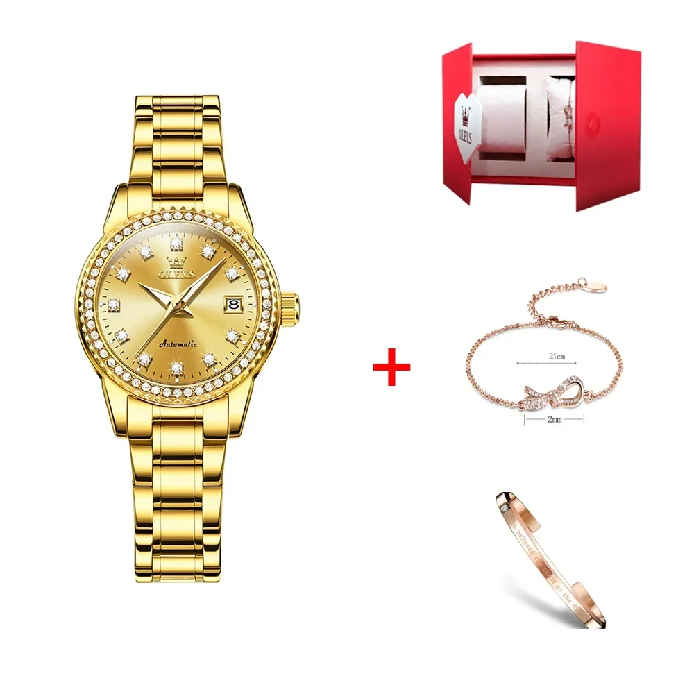 OLEVS Automatic Mechanical Watch for Women Diamond Calendar Dial Stainless Steel Waterproof Luminous Elegant Women's Wristwatch 6