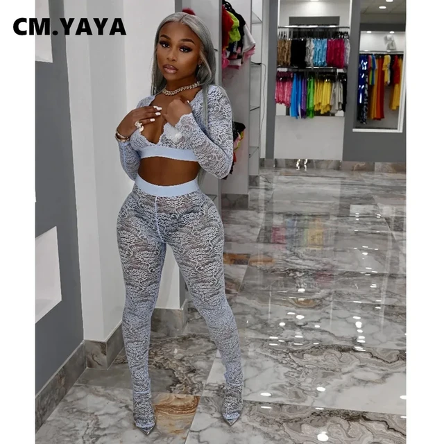 Cm.yaya Active Lace Sweatsuit Women's Set Crop Top And Legging Pants Suit  Sexy Club Party Tracksuit Two Piece Set Fitness Outfit - Pant Sets -  AliExpress