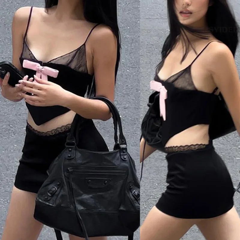 Retro Summer Spicy Girl Sexy Sling Top with Lace Lace Edge Wrap Hip High Waist Skirt Black Y2K Party Club Two Piece Set YDL51