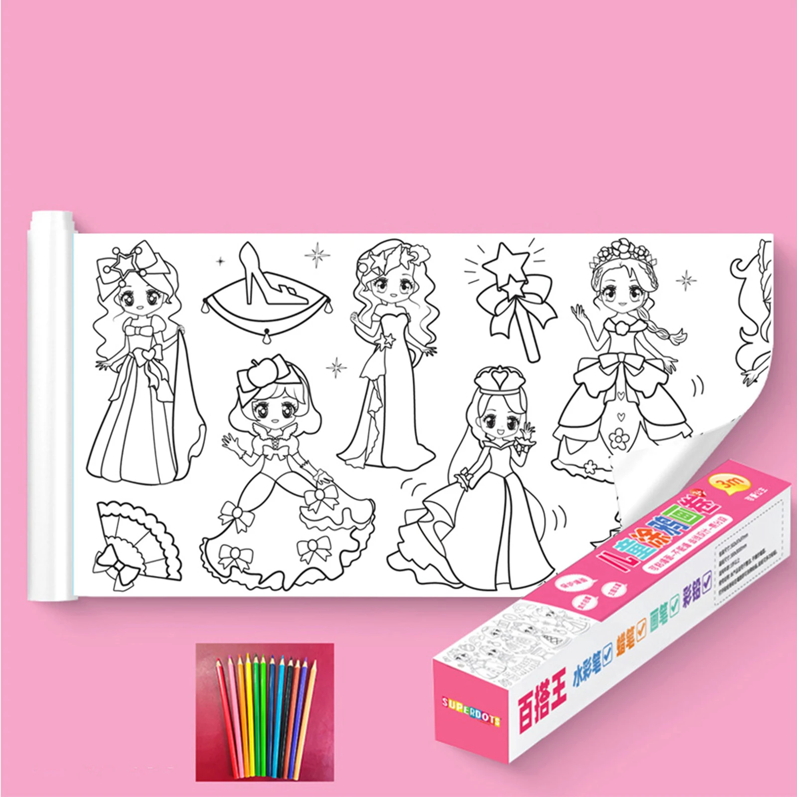 낙서 스크롤 색칠 드로잉 스티커, 어린이 DIY 드로잉 롤 캔버스, 조기 교육용, 12 개 컬러 연필, 30x300cm