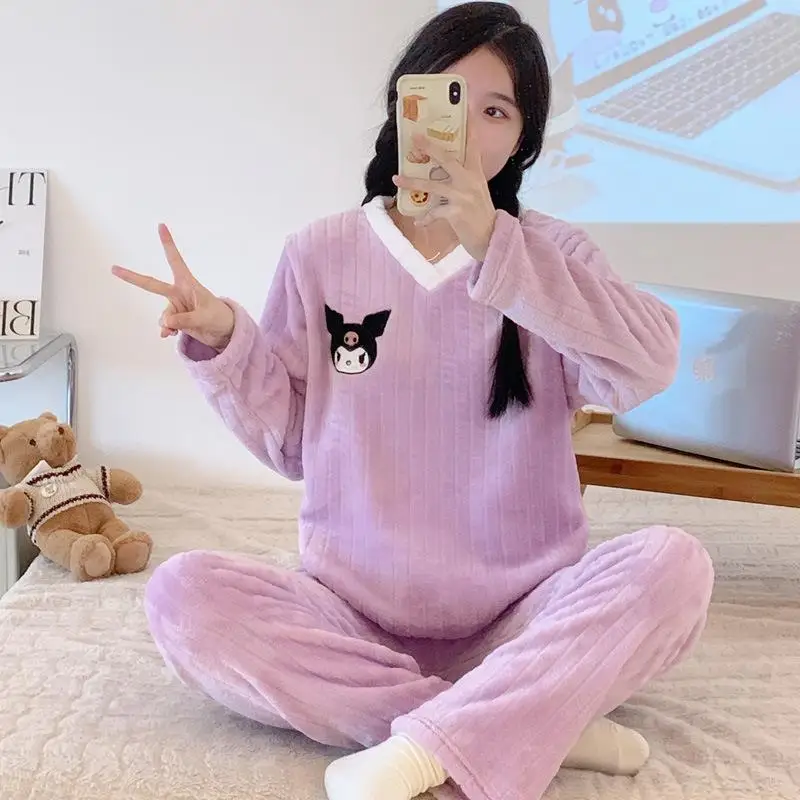 

Kawaii Sanrios Kuromi Plush Sleepwear Cartoon Winter Leisure Thickening Coral Velvet Pajamas Cute Giris Household Clothes Gift