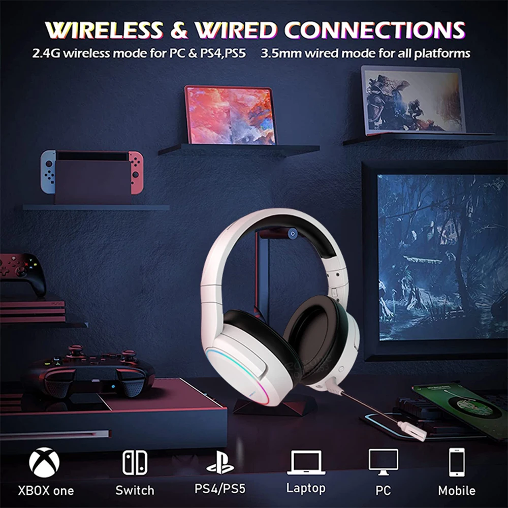 2.4G Wireless Gaming Headset 50mm Unit Bluetooth Wireless Headphones For Notebook desktop computer PS5 with RGB Detachable Mic