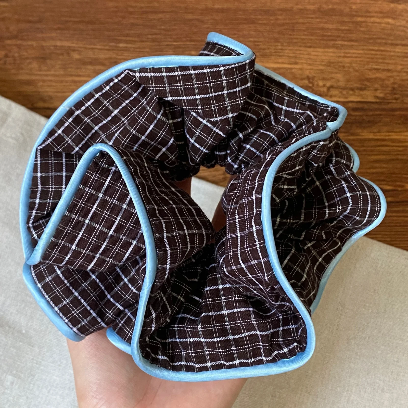 1PC Hair Accessories Set, Brown Plaid Bow And Scrunchie With Blue Trim, Bear Label, Cute Hair Decor For Girls