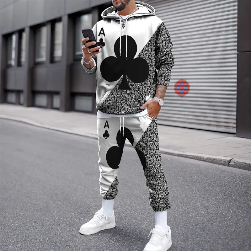 Autumn Winter Men's Hoodies Long Sleeve Trousers Suits Poker 3D Printed Sweatshirt Men Tracksuit 2 Piece Set Pocket Streetwear