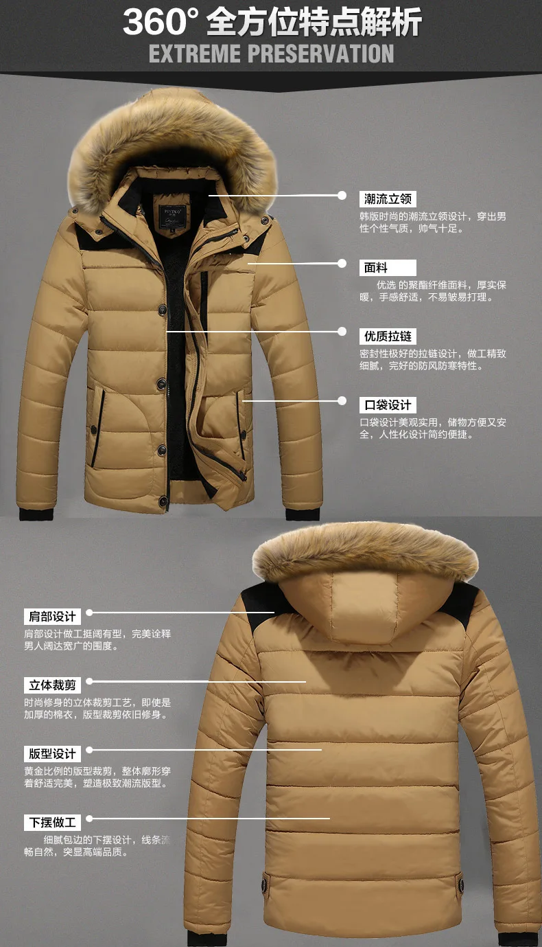 Description Picture 4 of itemNew Men Winter Parka Fleece Lined Thick Warm Parkas Male Plush Jacket Autumn Work Windproof Men Detachable Hood Fur Collar Coat