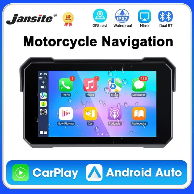 Jansite 5 inch Motorcycle Navigation GPS Wireless Carplay&Android Auto IPX7 Waterproof Display Dual Bluetooth 5.0 Moto Monitor