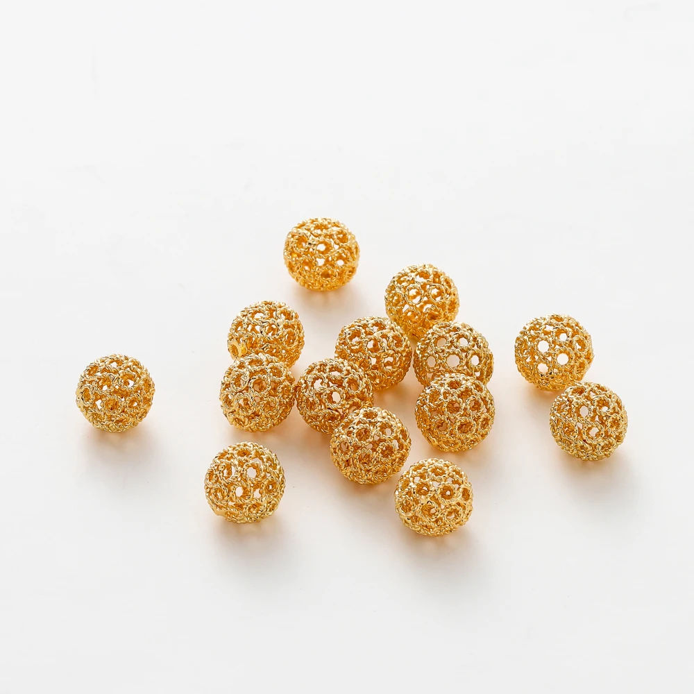 5pcs 10mm 14K 18K Gold Color Plated Brass Metal Hollow Round Beads Bracelet Beads High Quality DIY Jewelry Making Accessories