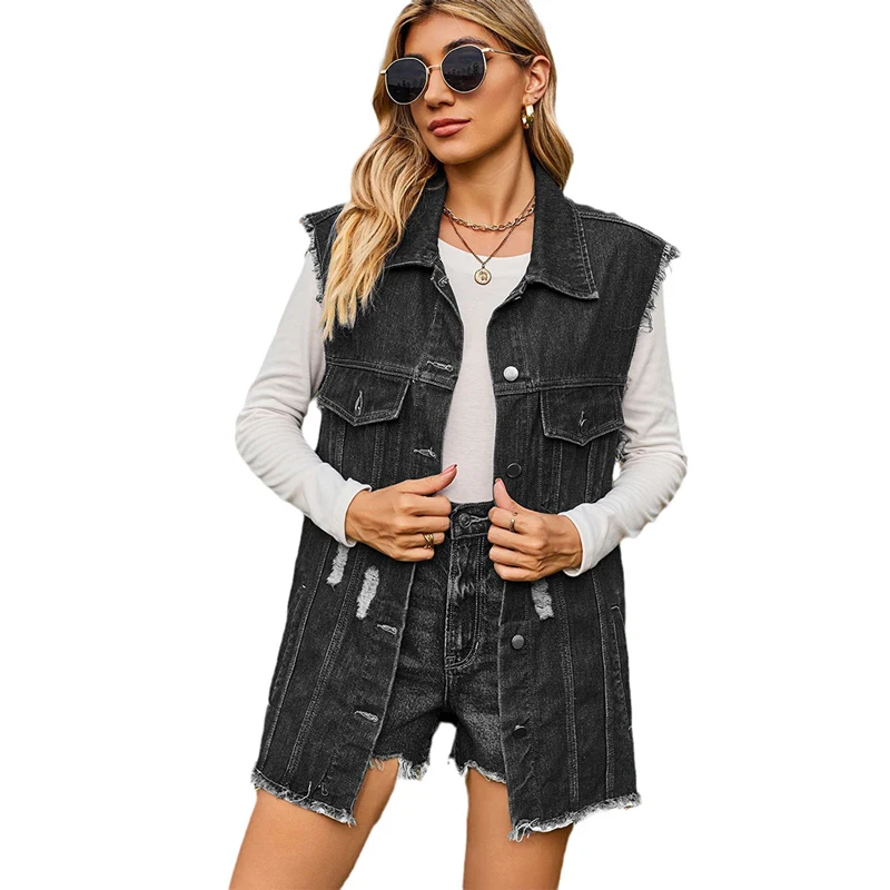 Fashion Broken Holes Shawl Denim Vest Women Single-breasted Splicing Sleeveless Jackets Female Casual Outerwear Trend Streetwear