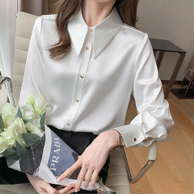 Spring Autumn Office Lady Elegant Fashion Polo-neck Chiffon Shirt Solid Long Sleeve All-match Bottomed Blouse Top Women Cardigan
