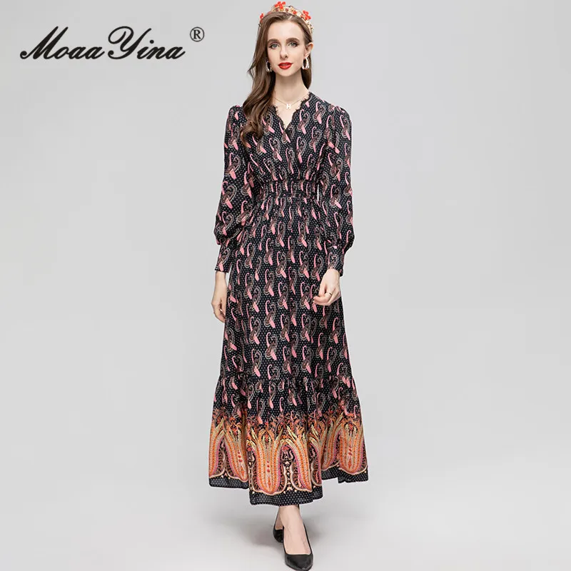 

MoaaYina Summer Fashion Designer Vintage Pattern Printed Dress Women Lantern Sleeve Lace Elastic Waist Slim Polka Dot Long Dress