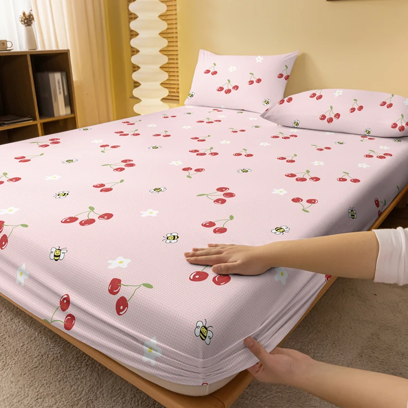 1 Cartoon Cute Fruit Cherry Bee printed matte Fitted Sheet, bedroom printed bed cover, bedding (excluding pillowcases) 2