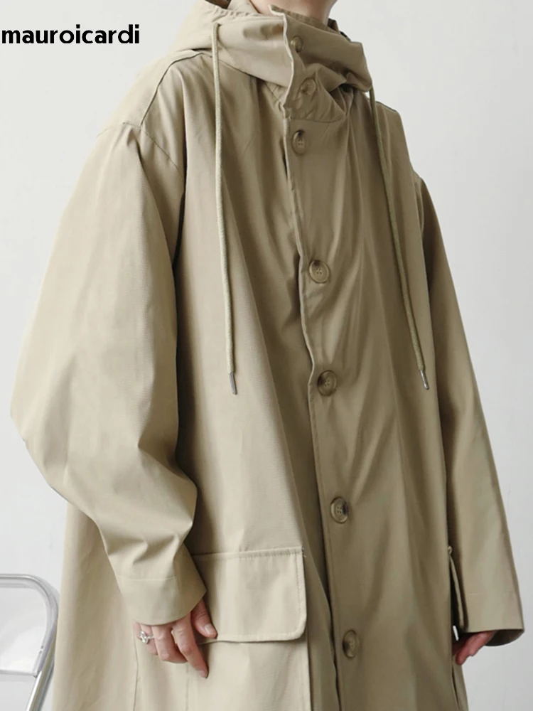Mauroicardi Spring Autumn Long Black Khaki Oversized Trench Coat Men with Hood Pockets Loose Casual Windproof Windbreaker