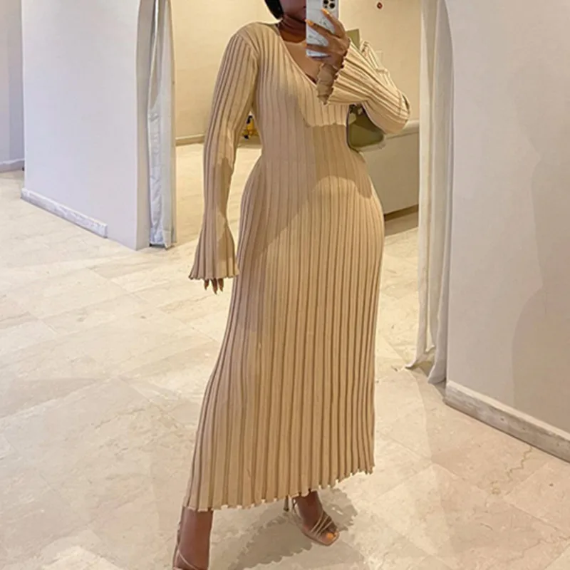 

Women Knitted Long Dress Autumn Winter 2023 Elegant Pleated A-line Midi Dresses Female V-neck Casual Ladies Ribbed Maxi Robe