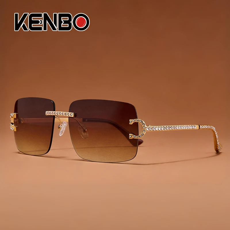 Kenbo Neue Randlose Rechteck Sonnenbrille Frauen Männer Shades Marke Designer Blingbling Diamant Sonnenbrille Retro Rahmenlose Sonnenbrille