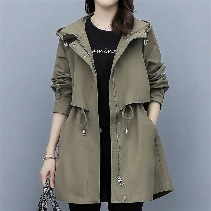 

2023 Spring Autumn Women's Mid-length Trench Coat Hooded Zipper Jackets British Style Loose Windbreakers Coats Women's Clothing