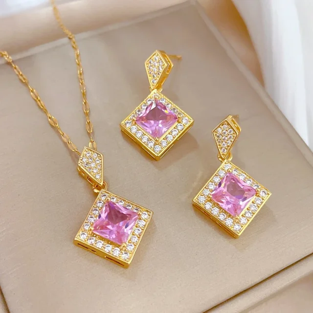 Exquisite Geometry Square Necklace Earrings Bracelet Jewelry Set Charm Ladies Jewelry Fashion Bridal Accessory Set Romantic Gift 3