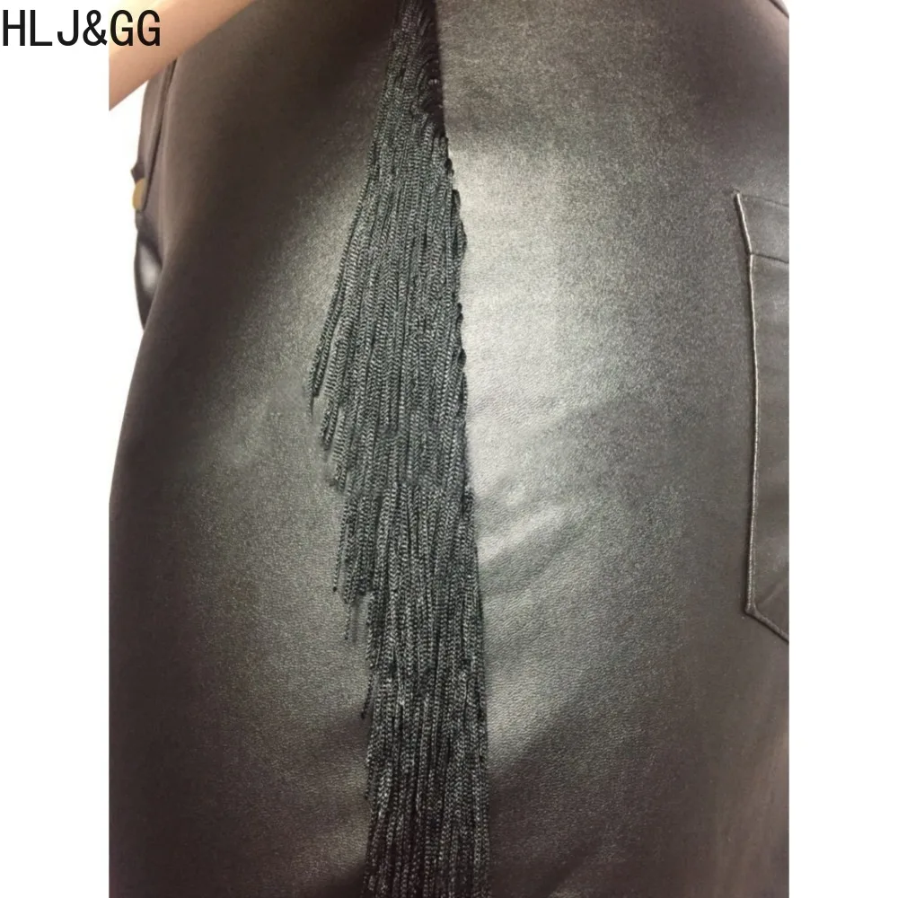 HLJ&GG Casual Solid Color PU Leather Tassels Pants Women High Waist Button Skinny Trousers Fashion Female Matching Bottoms 2024