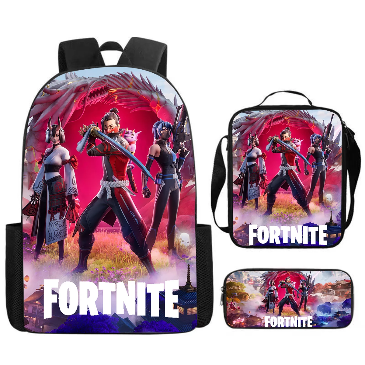 Fortnite Cartoon 3pcs Set, Large Capacity Suitable for Boys and Girls Aged 5-8, Includes Backpack, Dinner Bag, and Pencil Case 1
