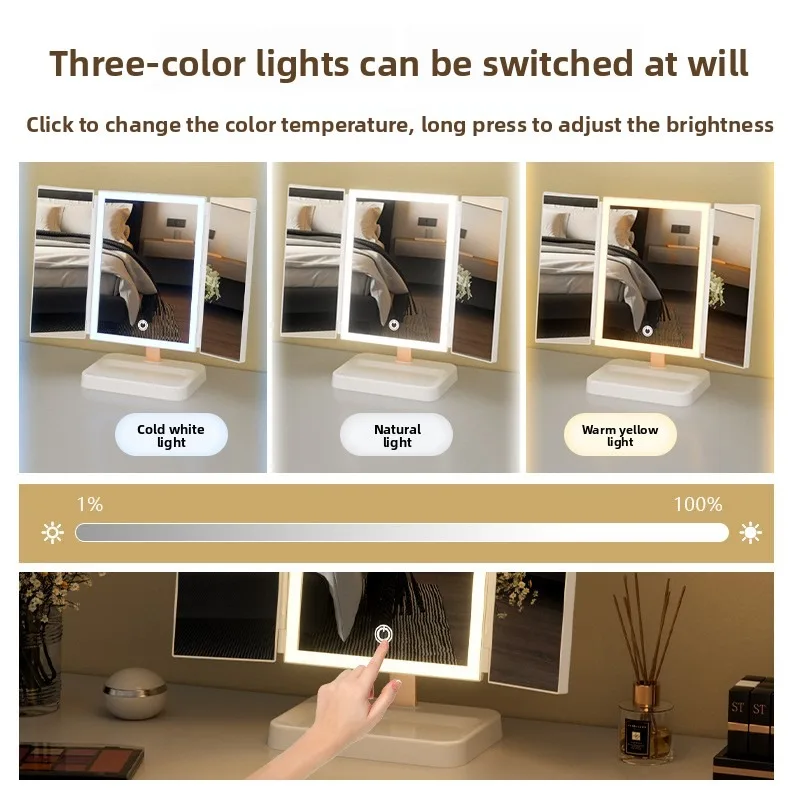 접이식3 4K HD 원형 LED 조명 화장 거울 프랑스식 화장대 거울 데스크탑 대형 욕실 조명 거울 가정용