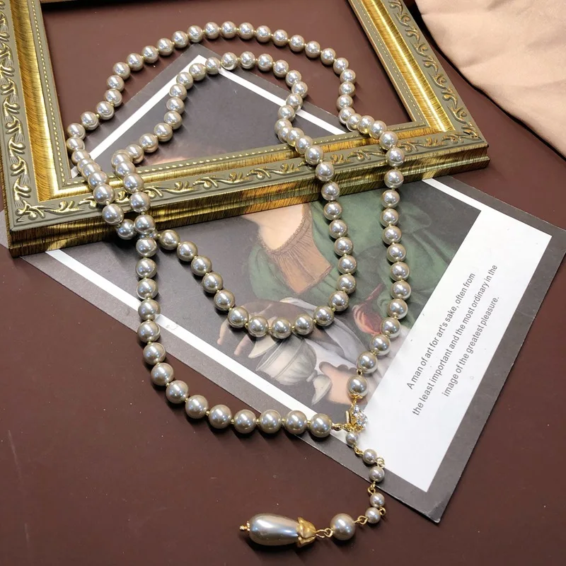 Europe and America vintage Grey Glazed Pearl Long Necklace, Earstuds