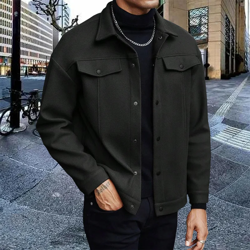 남성용 가을 겨울 칼라 울 숏 재킷, 비즈니스 캐주얼 가디건, 가슴 포켓 커버 장식 패셔너블 아우터웨어