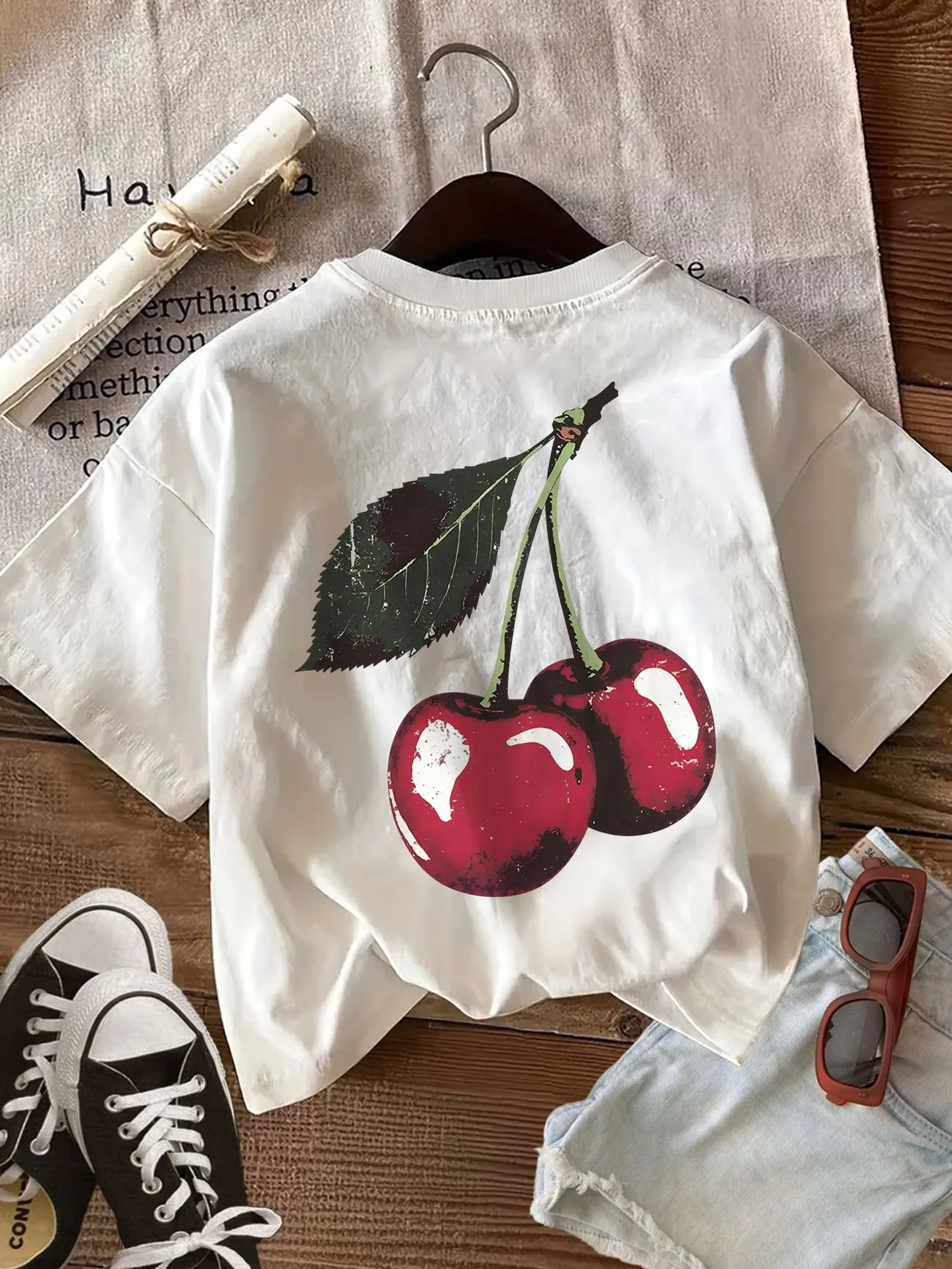 Vintage-Inspired Retro Cherry Graphic Tee - 100% Cotton Women's T-Shirt with Crew Neck & Short Sleeves
