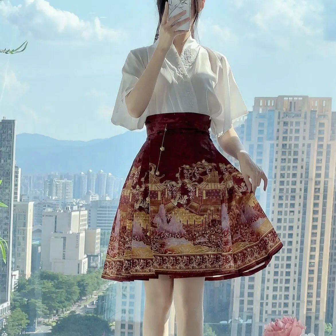 

Brand New Half Skirt Modified Hanfu Fashionable High-waisted Laceup Printed Retro Simple Spring Street Summer Women