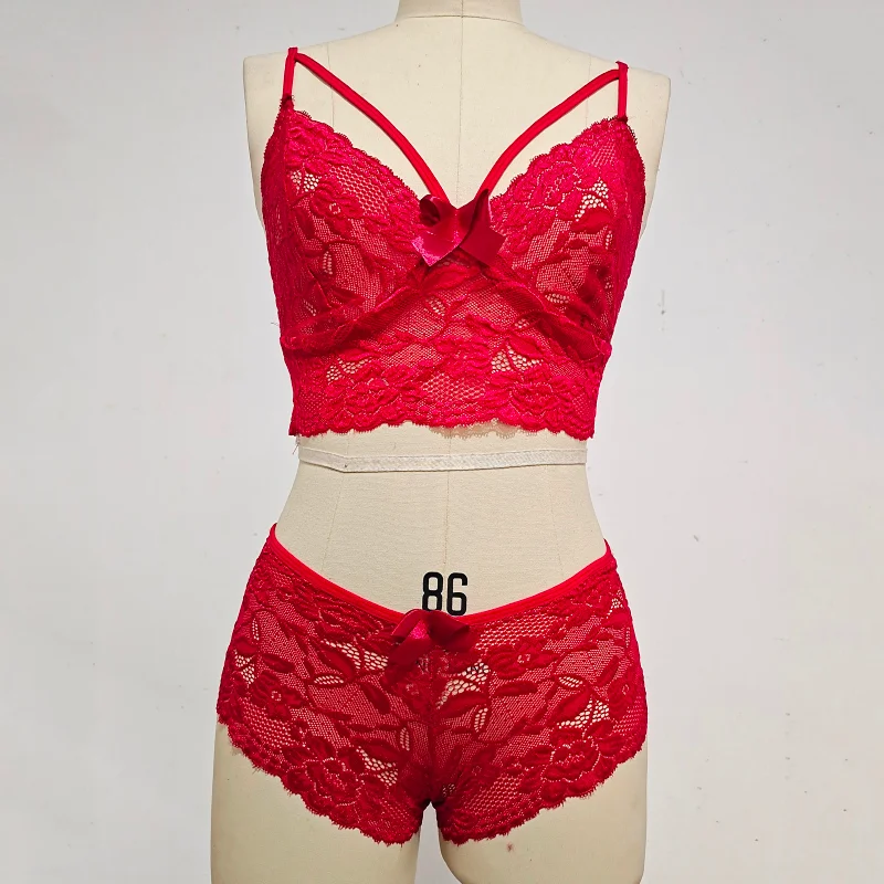 Ladies Large Size Underwear Set Lace Underwear 2-Piece Set V-neck Perspective Bra + High Waist Panties Sexy Women women lingerie