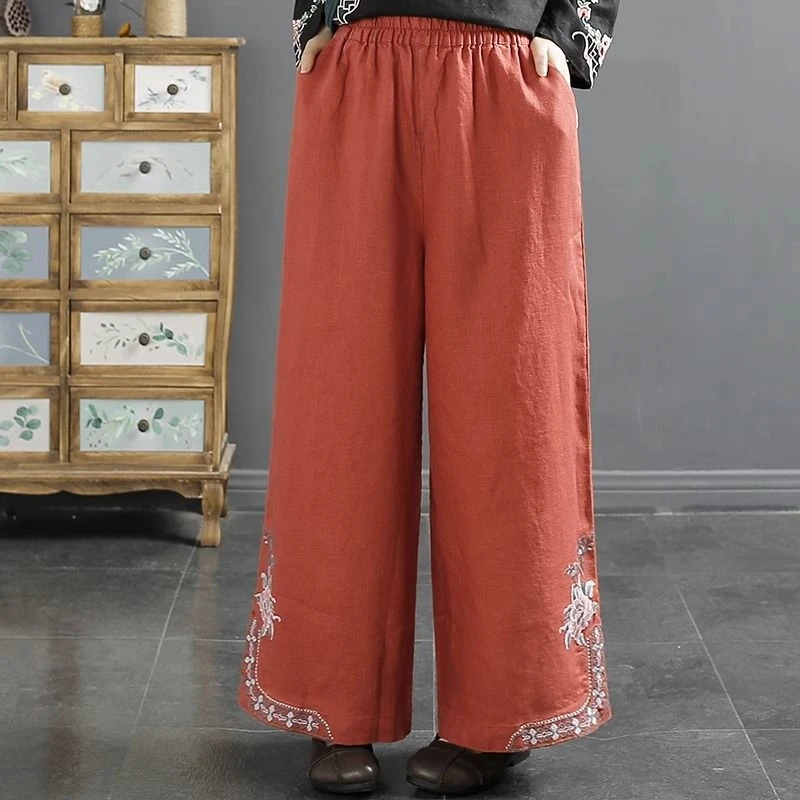 Literary and Artistic Chinese Style Retro Heavy Embroidery Women's Spring New Pocket Loose Cotton and Linen Straight Tube Pants