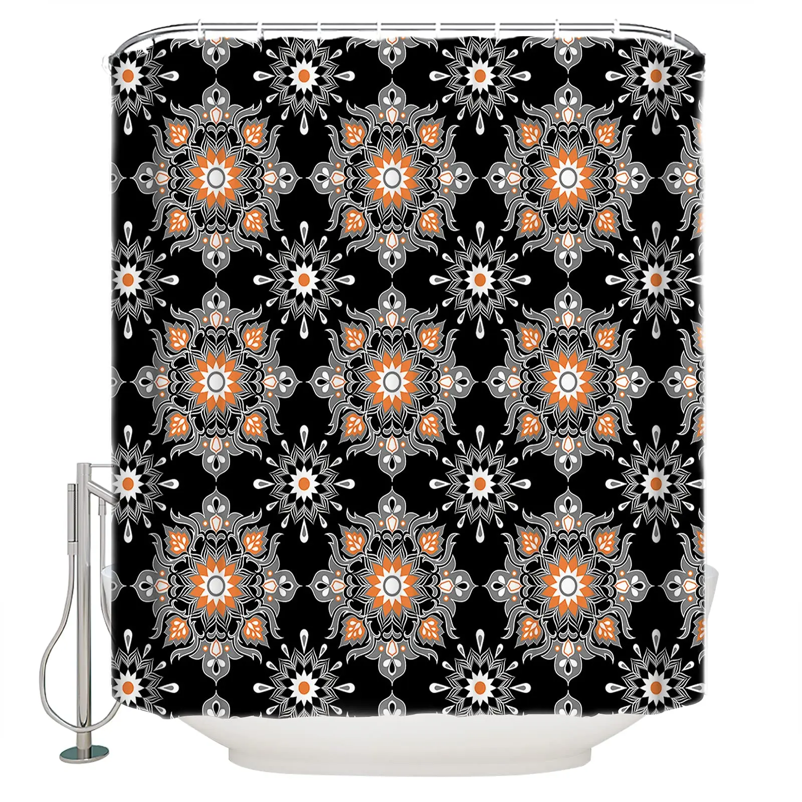 Duschvorhang Bohemian Paisley – Schwarz-Gold, 178x178 Cm, Mit 12 Haken