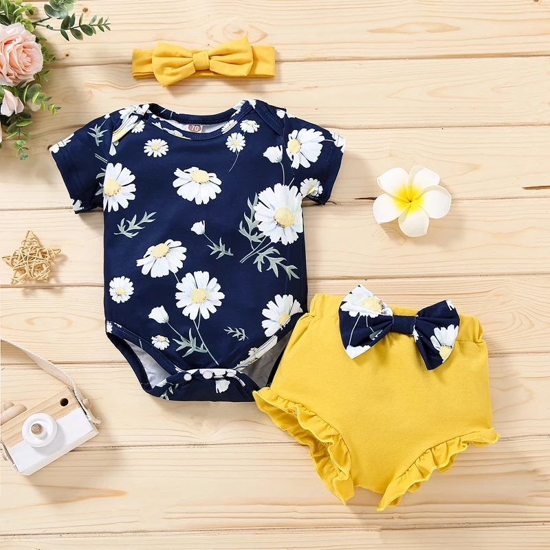 hibobi Baby Girl Bodysuit Short Sleeve Flower Print Jumpsuits Clothes Set For Newborns Outfit Ruffle Headband Shorts 3 Pcs baby clothing set long sleeve	