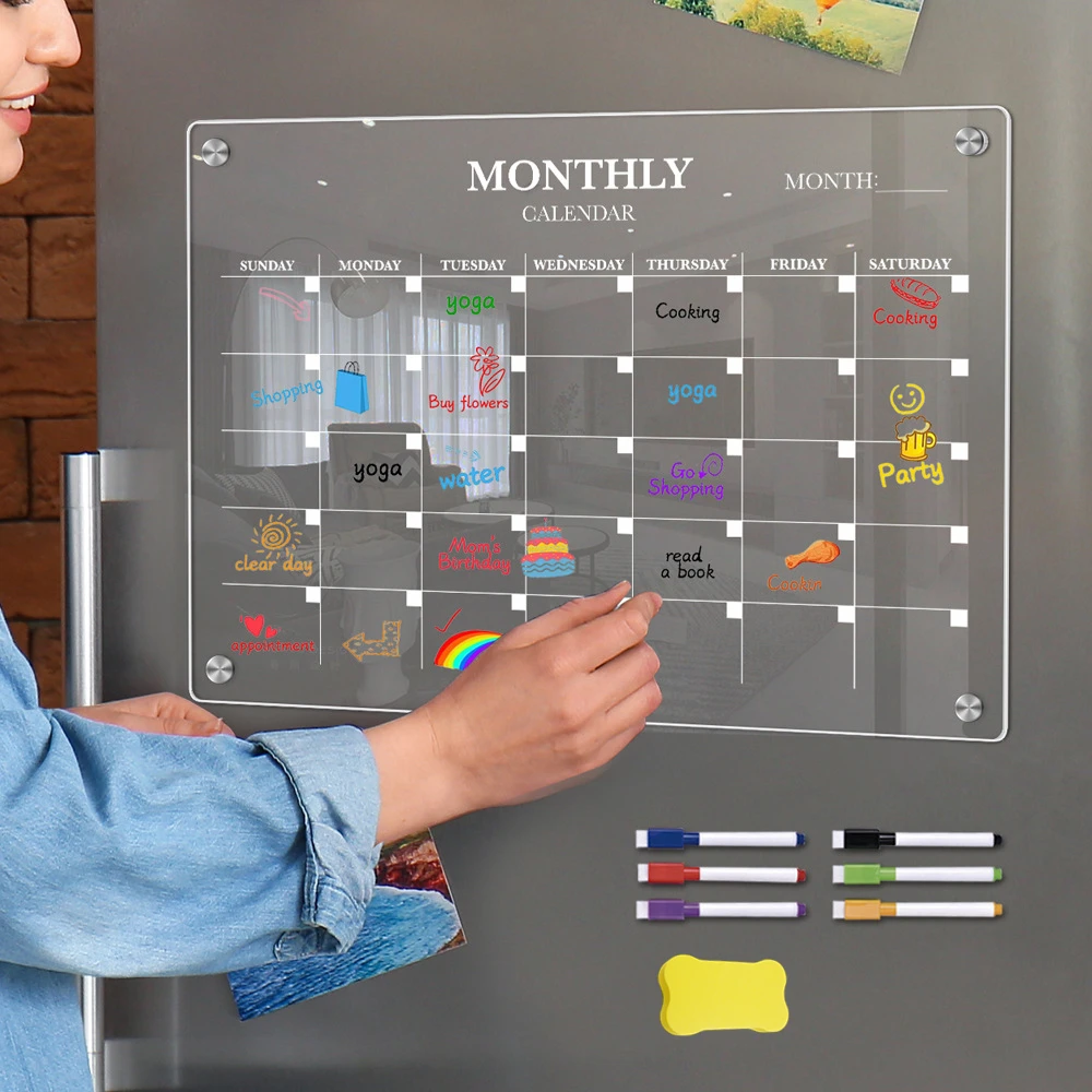 Acrylic Magnetic Fridge Board Durable Calendar Monthly Planner Dry Erase Schedule Planning Boards With 6 Dry Eraser Markers Pens