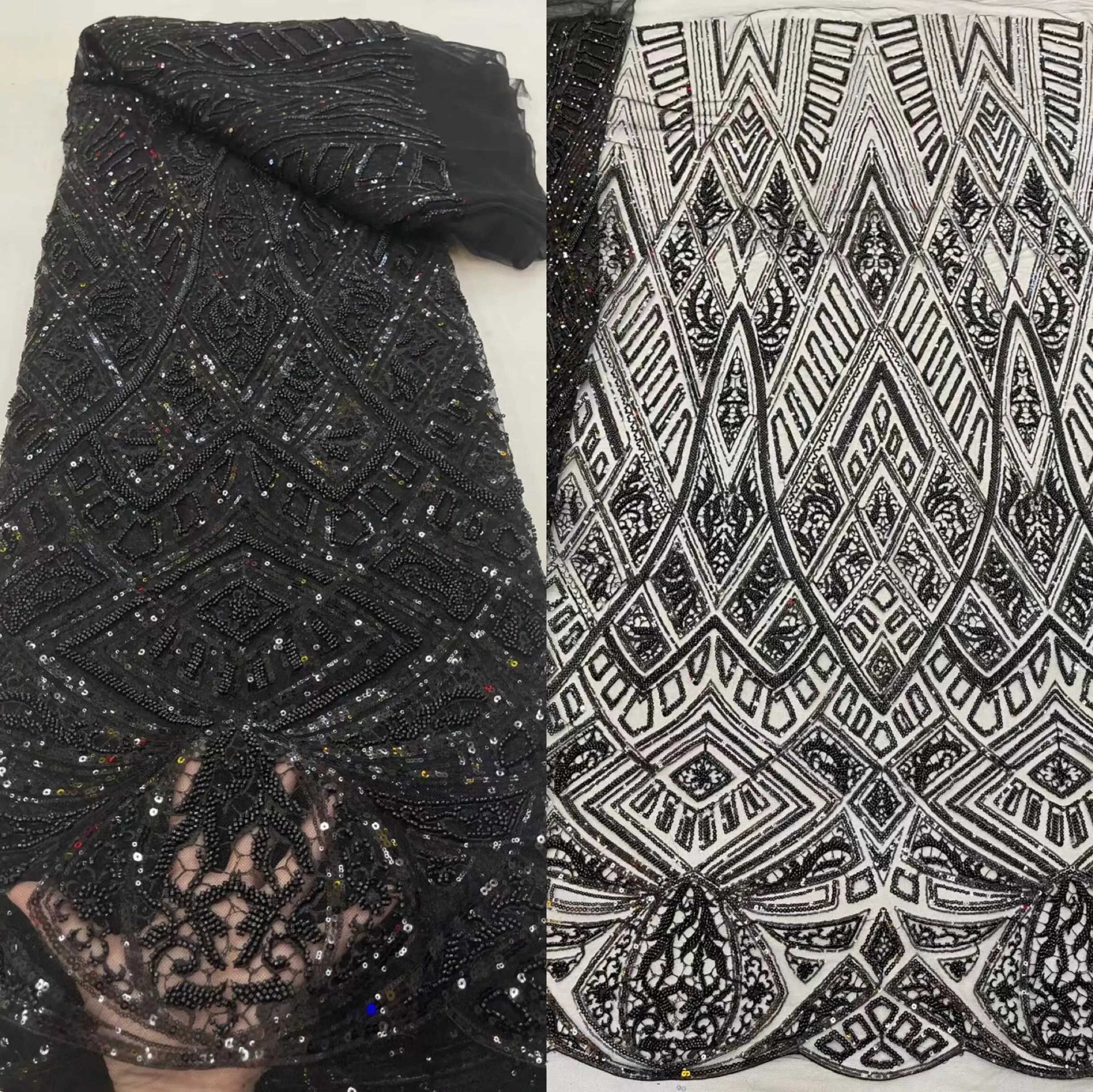 

French Wedding Bridal Lace Fabric SYJ-1216484 Handmade Embroidered Beaded Tulle Lace Fabric With Sequins