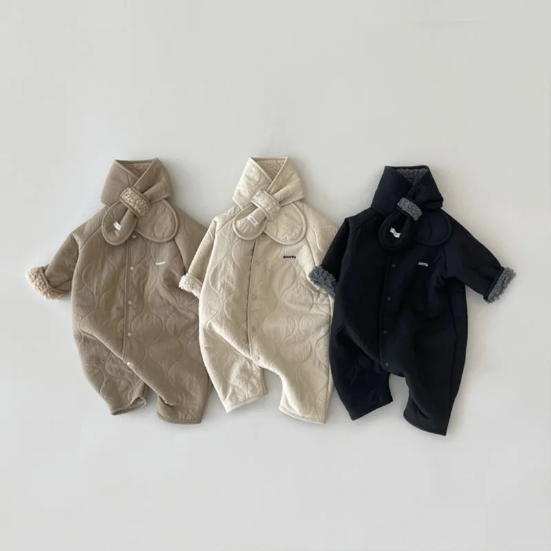 

Winter Loose Romper Vintage Simple Fleece Jumpsuit Baby Girl One-piece Cardigan Thickened Comfortable Cotton Rompers 2023